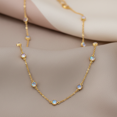 Gold necklace with small gemstones on a beige surface Rainbow moonstone necklace styled on soft fabric – handcrafted gemstone jewelry from Tresor Collection