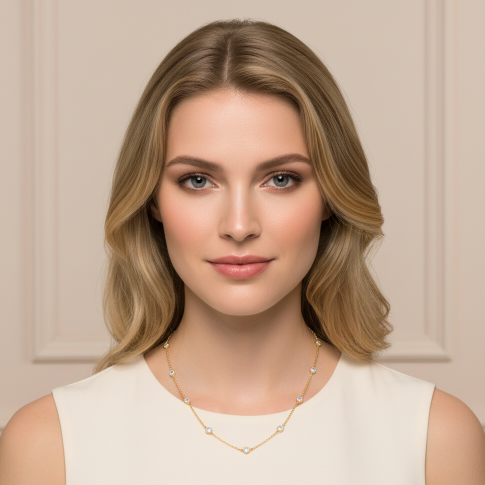 Woman wearing a pearl necklace against a neutral background Elegant rainbow moonstone gold necklace on model – designer fine jewelry for women by Tresor Collection