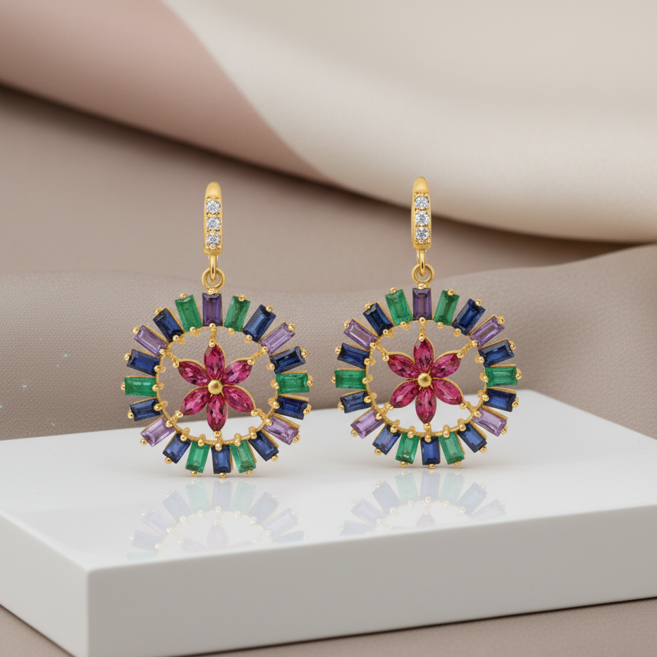 Colorful floral earrings with gemstones on a white platform Multicolor gemstone floral earrings styled on white box – handcrafted fine jewelry from Tresor Collection