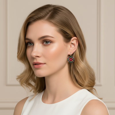 Woman wearing a white sleeveless top with a neutral background Close-up of multicolor gemstone gold earrings on model – statement floral fine jewelry by Tresor Collection