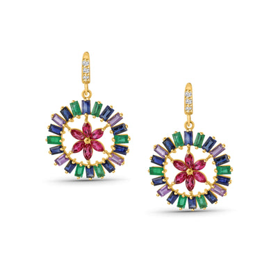 Colorful gemstone earrings with gold setting on a white background 18K gold multicolor gemstone floral earrings flatlay – luxury fine jewelry by Tresor Collection