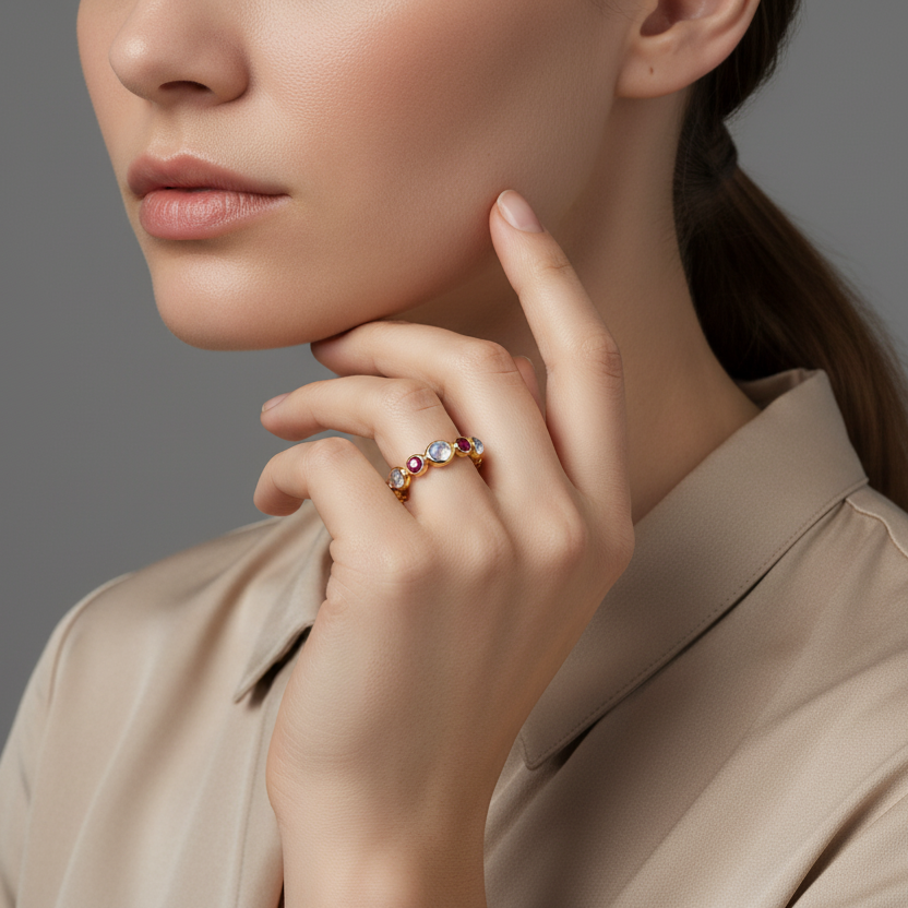 Woman wearing a ring with a gray background Colorful gemstone cabochon rings displayed together – handcrafted 18K gold jewelry from Tresor Collection