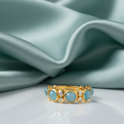 Gold ring with turquoise stones on a textured teal fabric background Close-up of 18K gold aquamarine cabochon and diamond ring – handcrafted fine jewelry from Tresor Collection