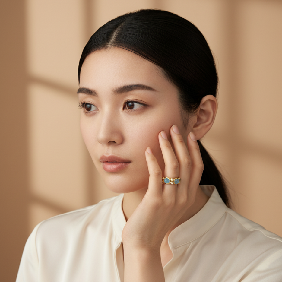Woman wearing a ring with a beige background Aquamarine and diamond ring styled for festive occasions – modern luxury jewelry by Tresor Collection