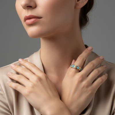 Close-up of a woman wearing a gold ring with blue gemstones on a neutral background Elegant aquamarine and diamond ring on model – designer gold jewelry for women by Tresor Collection