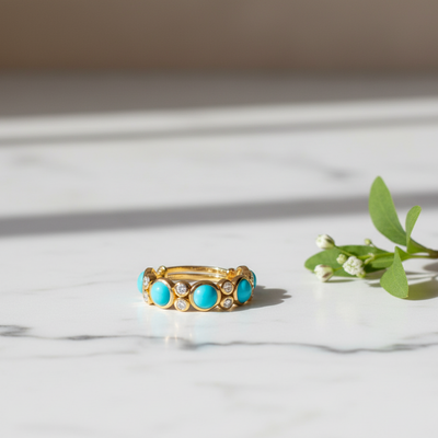 Gold ring with turquoise stones on a marble surface with a plant Close-up of 18K gold turquoise cabochon and diamond ring – handcrafted fine jewelry from Tresor Collection boutique