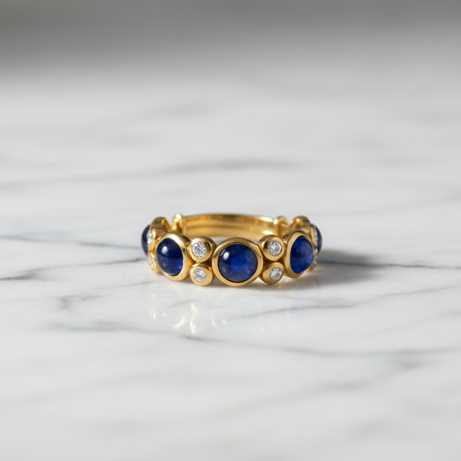 Gold ring with blue gemstones on a marble surface Close-up of 18K gold blue sapphire cabochon ring – handcrafted fine jewelry from Tresor Collection boutique