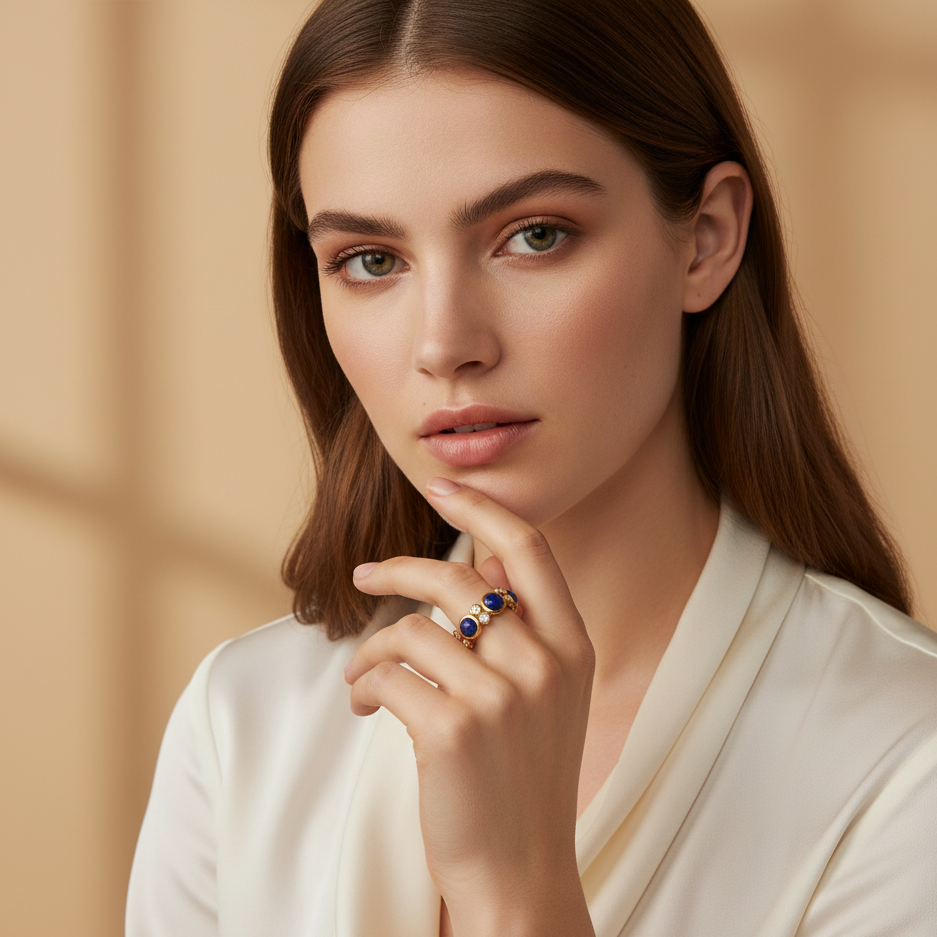 Woman wearing a ring with blue stones against a beige background Blue sapphire and diamond ring styled for festive occasions – luxury handcrafted jewelry from Tresor Collection