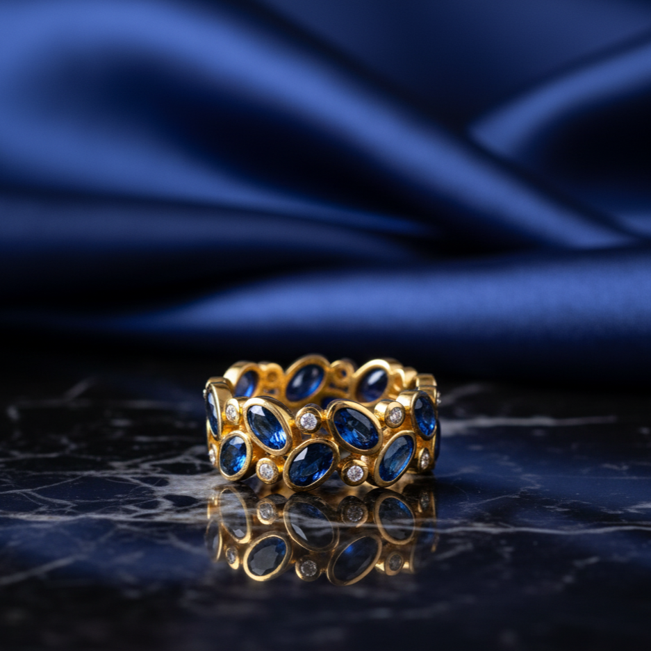 Gold ring with blue gemstones on a dark blue fabric background Close-up of 18K gold blue sapphire ring – handcrafted fine jewelry from Tresor Collection boutique