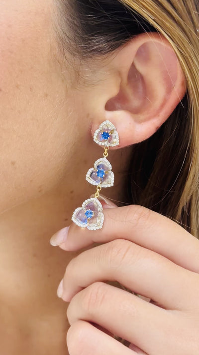 Blue Sapphire Round, Rainbow Moonstone Tabiz Shape And Diamond Earring In 18K Yellow Gold