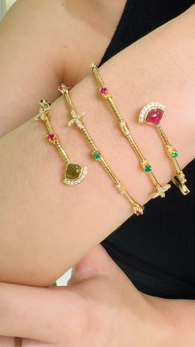 Multicolor Gemstone & Diamond 3 Row Symphony Bracelet In 18K Yellow Gold