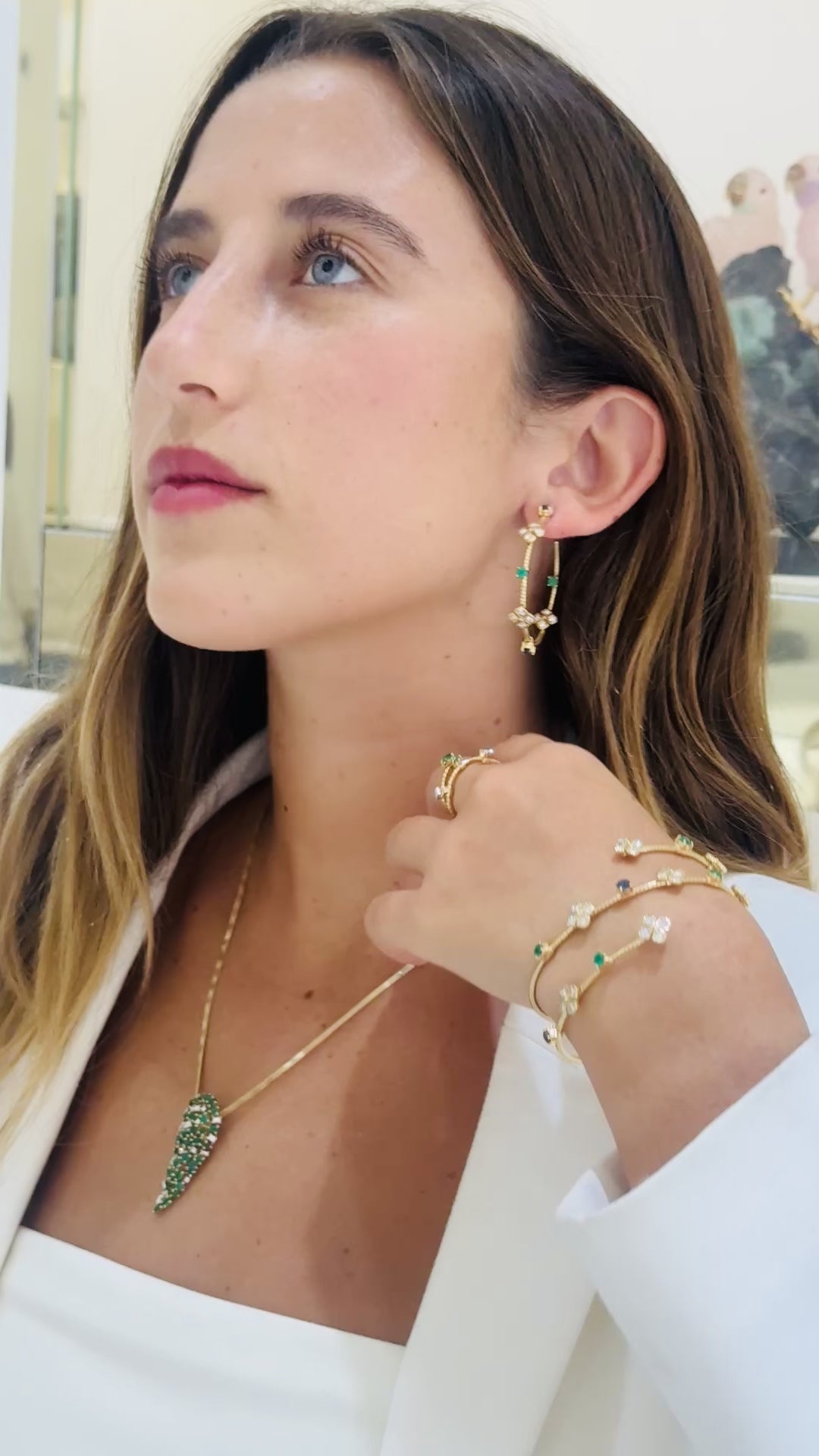 Emerald, Blue Sapphire Round And Diamond Hoop Earring In 18K Yellow Gold