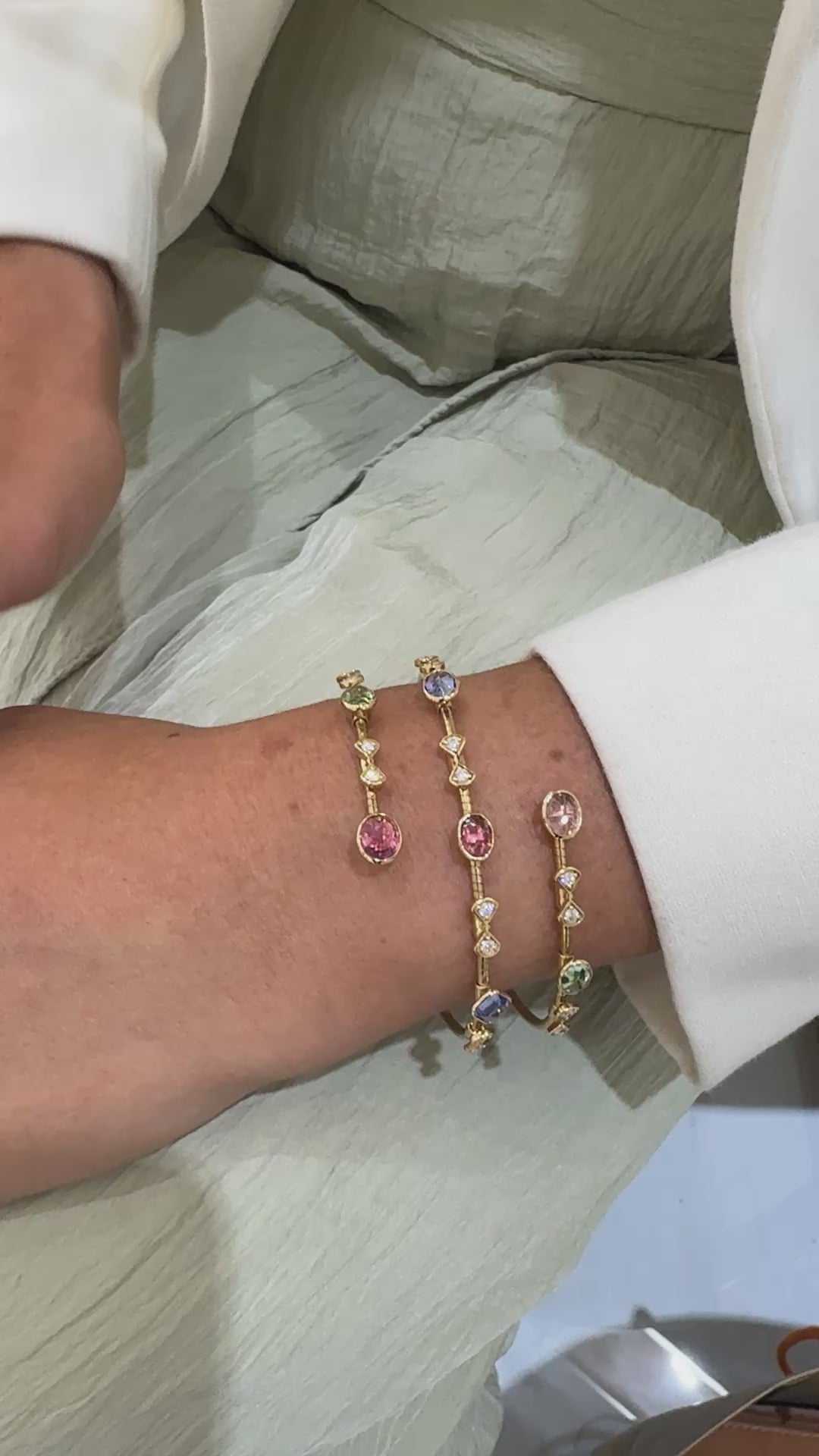 Multicolor Gemstone & Diamond 2 Row Symphony Bracelet In 18K Yellow Gold