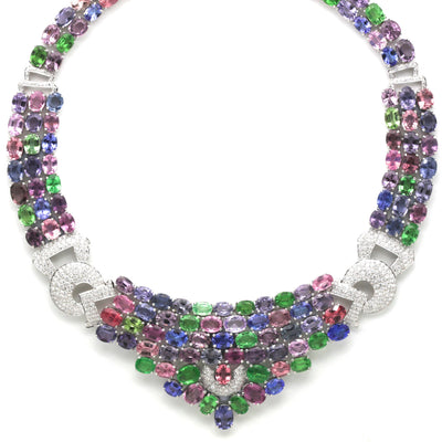 18K gold multicolor gemstone necklace flatlay – luxury handcrafted fine jewelry by Tresor Collection