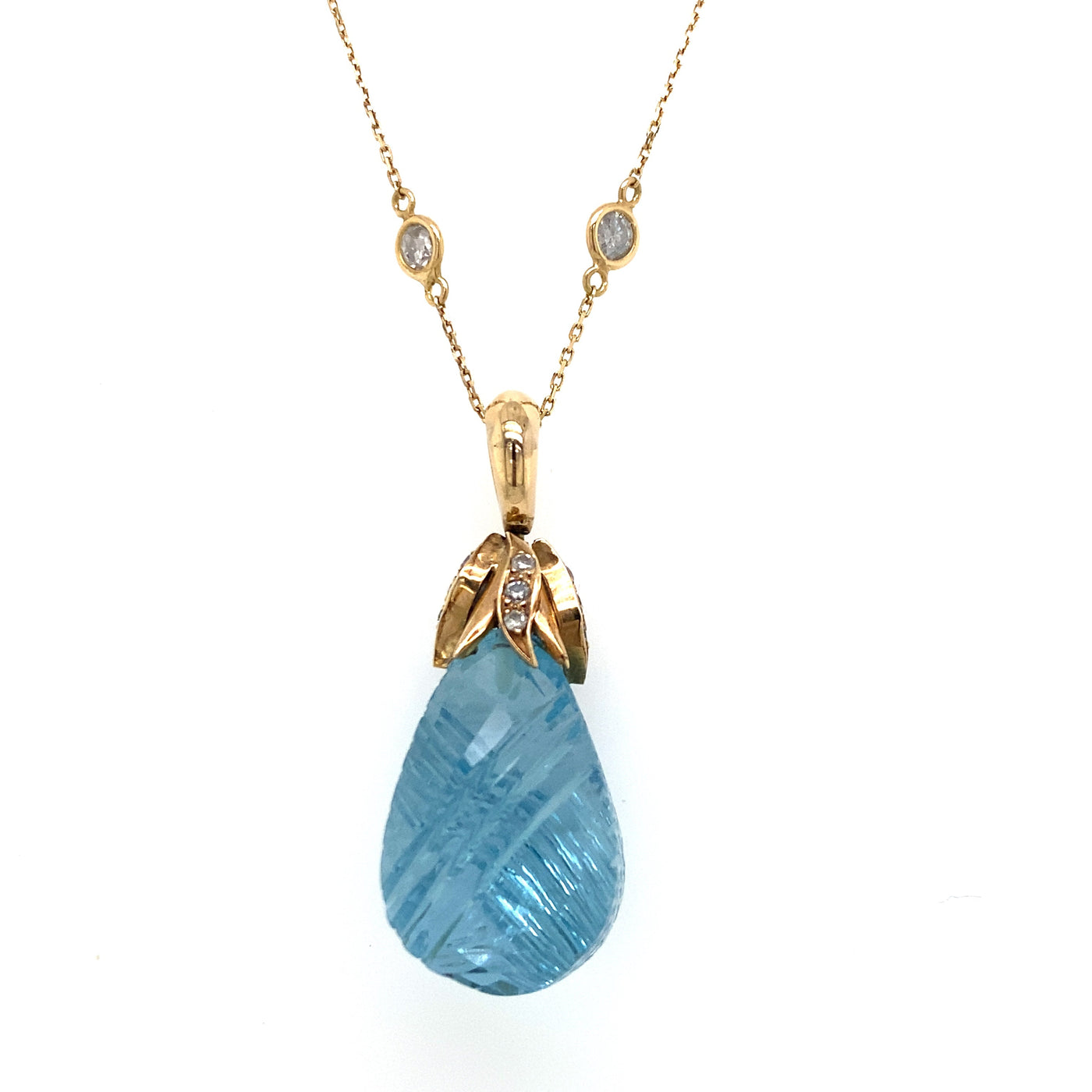 Aquamarine & Diamond Carved Pendant In 18K Yellow Gold