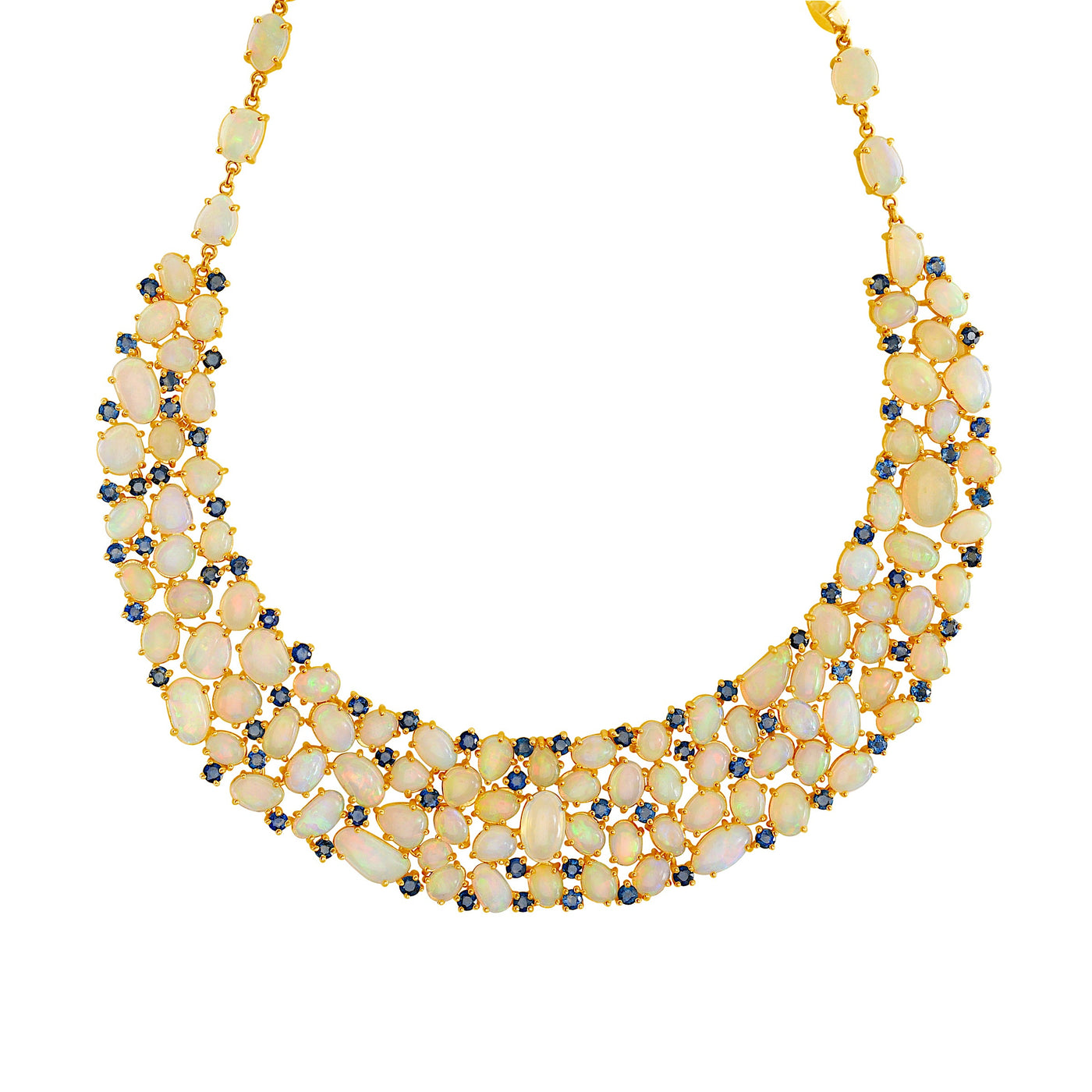 A yellow gold necklace featuring alternating ethiopian opal and blue sapphire gemstones. 18K gold Ethiopian opal and sapphire necklace flatlay – luxury handcrafted fine jewelry by Tresor Collection
