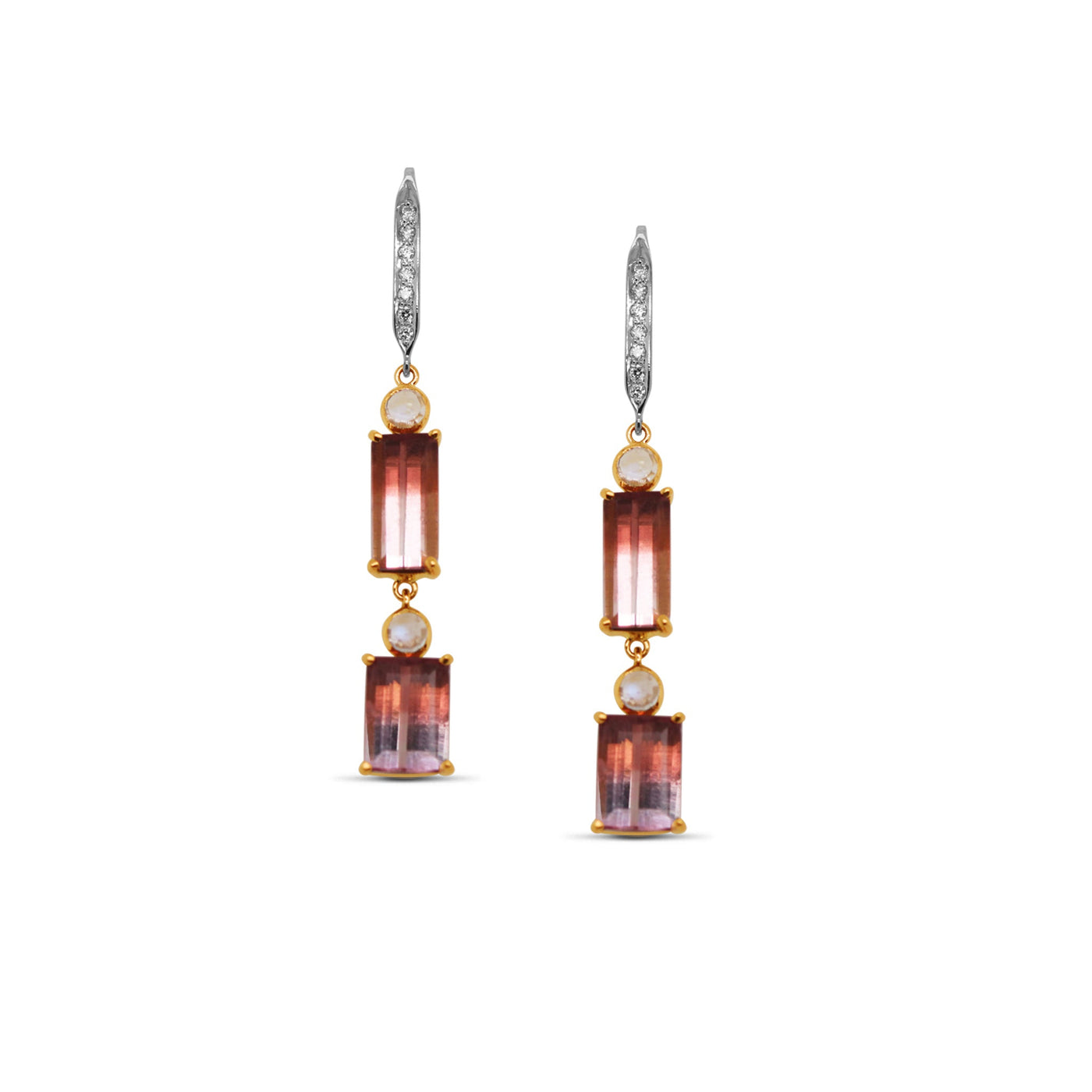 Bi-Color Tourmaline Dangle Earrings With Diamond Pave In 18K Yellow Gold