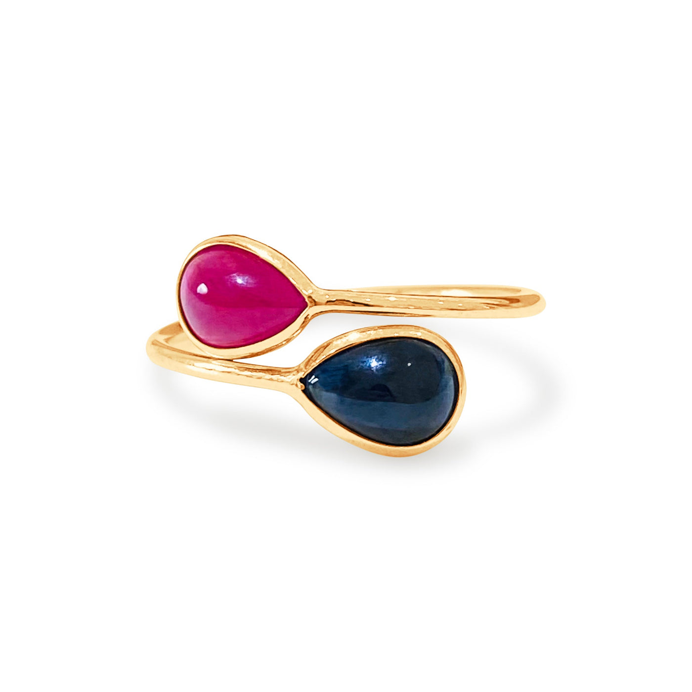 Blue Sapphire Tabiz Shape & Pink Tourmaline Rd. Ring In 18K Yellow Gold