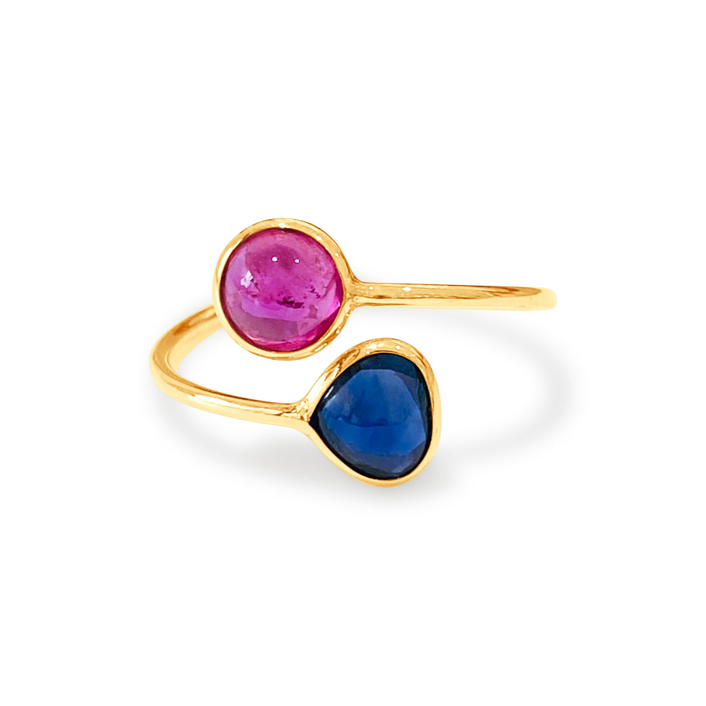 Blue Sapphire & Ruby Pear Shape Ring In 18K Yellow Gold