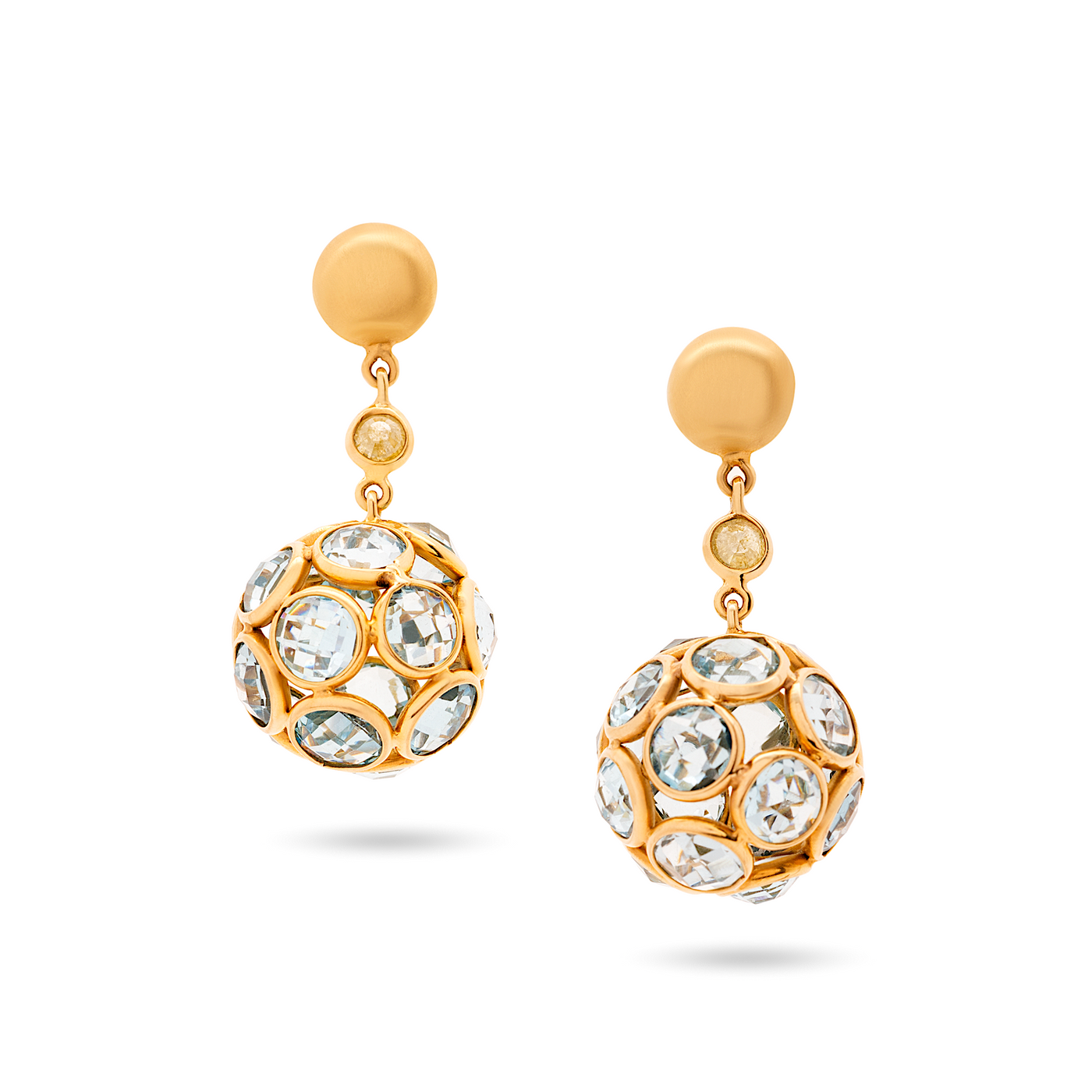 Blue Topaz & Organic Diamond Sphere Ball Earring  In 18K Yellow Gold